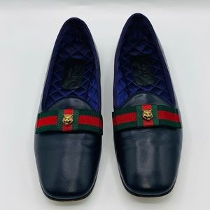 Authentic GUCCI Blue Sylvie Web Bow Flats Shoes 38